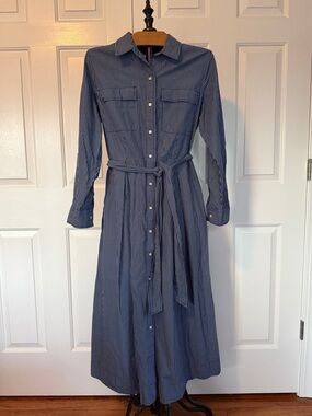 Free Assembly Striped Blue Long-Sleeve Shirt Dress with Tie Waist